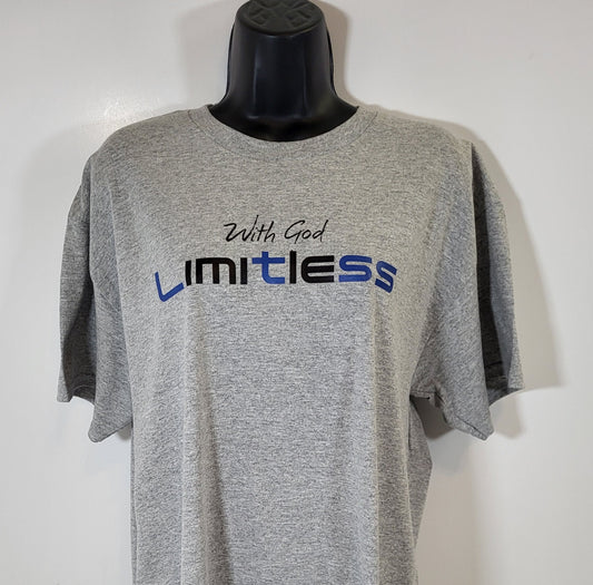 With God Limitess Men Gray Short Sleeve T-Shirt with Blue/Black Letters