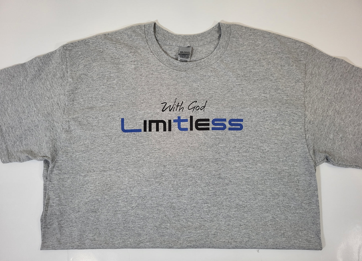 With God Limitess Men Gray Short Sleeve T-Shirt with Blue/Black Letters