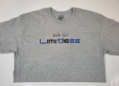 With God Limitess Men Gray Short Sleeve T-Shirt with Blue/Black Letters