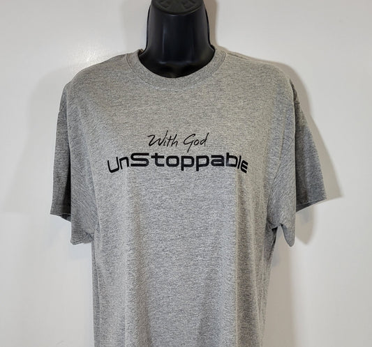 With God Unstoppable Men's Gray Short Sleeve T-Shirt Black Lettering