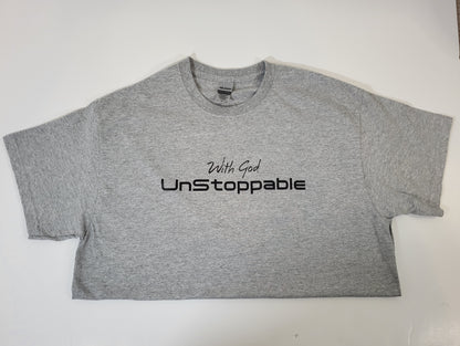 With God Unstoppable Men's Gray Short Sleeve T-Shirt Black Lettering