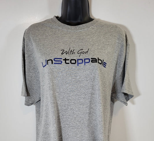 With God Unstoppable Men's Gray Short Sleeve T-Shirt with Black/Blue Lettering